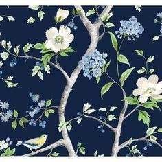 a blue and white floral wallpaper with birds on the branches, flowers and leaves