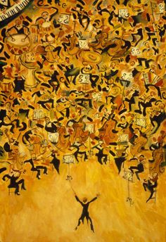 an abstract painting with many people and numbers on the bottom, one person is holding his arms up