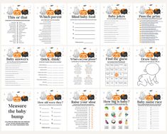 halloween baby shower game with pumpkins and ghostes on the side, all written in black