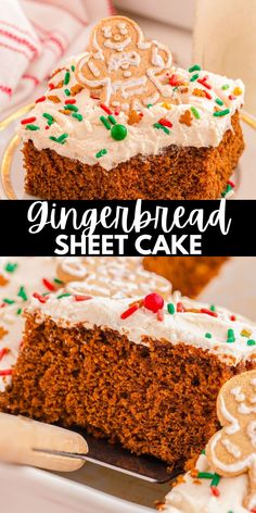 a slice of gingerbread sheet cake with white frosting and sprinkles