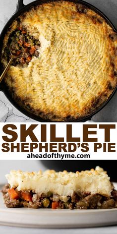 skillet shepherds pie on a plate with text overlay