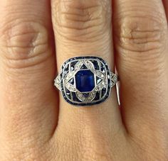 Art Deco Sapphire Ring, Vintage Art Deco Rings, Edwardian Jewelry, Platinum Diamond Rings, Studded Necklace, Blue Sapphire Diamond, Deco Jewelry, Art Deco Engagement Ring, Art Deco Diamond