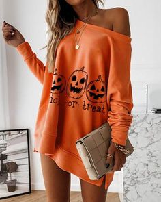 Casual Halloween Outfits, Halloween Tops, Casual Halloween, Zipper Sweater, Halloween Orange, Letter Print Sweatshirt, Pumpkin Print, Pullover Designs