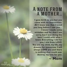 a note from a mother with daisies in the foreground and an image of two daisies