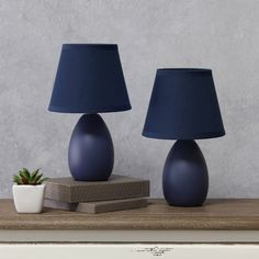 two blue lamps sitting on top of a wooden table next to a potted plant