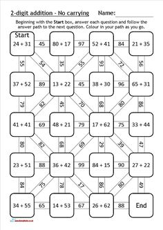 Maths Maze Worksheet - 2 digit addition with no carrying Grade 1 Addition, Two Digit Addition, Math Maze, 2 Digit Addition, Mental Maths Worksheets, Math Worksheets For Kids, Fun Math Worksheets, Maze Worksheet, Math Practice Worksheets