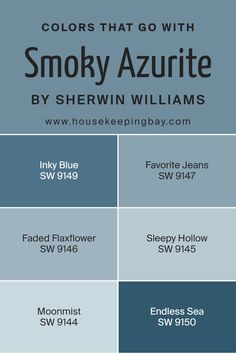 Colors that Go With Smoky Azurite SW 9148 by Sherwin Williams Smokey Blue Paint, Sherwin Williams Blue Paint Colors, Blue Sherwin Williams, In Home Library, Sherwin Williams Blue, Sherwin Williams Paint, Paint Blue, Office Paint, Modern Coastal Decor