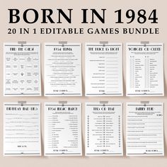 the printable game bundle for born in 1994 is displayed on a beige background with black and