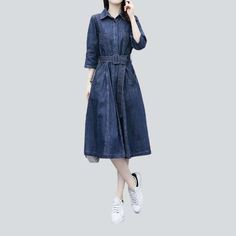 Elevate your style with our classic shape and flare jeans dress from our 2023 Autumn Collection! Classic and stylish. this elegant piece is the perfect addition to any wardrobe.Why You'll Love ItThis proven denim dress is crafted with a medium wash. giving it a unique and eye-catching look. The shape and flare silhouette is textured to hug your curves in all the right places. while the breathable fabric ensures you stay casual while looking chic.Key Highlights: Classic Fit: The classic silhouett Casual Solid Color Denim Dress, Casual A-line Denim Dress For Fall, Non-stretch Denim Dress In Dark Wash, Non-stretch Dark Wash Denim Dress, Denim Dresses In Washed Blue For Fall, Washed Blue Denim Fall Dresses, Knee-length Washed Blue Denim Dress For Fall, Fall Denim Dresses In Washed Blue, Fall Washed Blue Denim Dresses