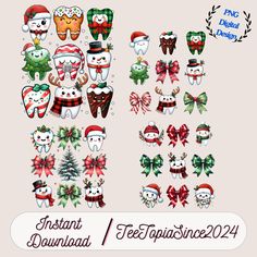 an image of christmas stickers with snowman, santa hats and other holiday decorations