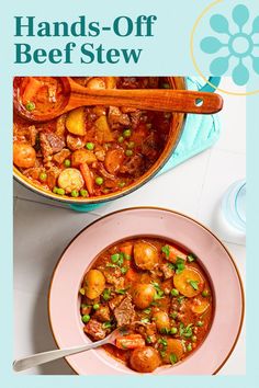 a pink bowl filled with stew next to a blue and white plate on a table