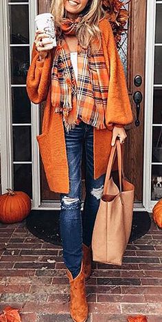 $42.99! Chicnico Casual Oversize Orange Long Cadigan fall fashion 60 Outfits, Fall Outfits 2018, Plain Cardigan, Fall Fashion Coats, Fashion Preppy, Orange Cardigan, Autumn Look, Long Sleeve Knit Sweaters, 가을 패션