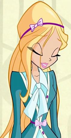 a cartoon girl with long blonde hair wearing a blue jacket and pink bow tie standing in front of a wall