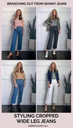 Wide Leg Crop Jeans vs. Skinny Jeans - Merrick's Art High Waisted Ankle Jeans Outfit, Wide Leg Jeans Outfit Spring 2023, Cropped Ankle Jeans Outfit, Wide Leg Jeans 2023, Denim Wide Leg Crop Pants Outfit, Crop Wide Leg Jeans Outfit Winter, Wide Leg Jeans Styling Ideas, Wide Leg Jeans Outfit Cropped, Wide Leg Jeans With Converse