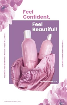 a pink advertisement with two bottles of hair products in the shape of a handbag