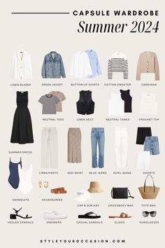 Looking for a Summer Capsule Wardrobe for 2024? This minimal and casual capsule wardrobe for summer is easy to create & great for warm weather! Whether you’re looking for light, soft, European, or casual summer capsule wardrobe ideas, we have everything you need to build the perfect minimalist summer wardrobe for women and create casual and chic women’s summer outfits. Summer outfits 2024 trends Floral Capsule Wardrobe, European Summer Capsule Wardrobe 2024, Summer Trip Capsule Wardrobe, Capsule Packing Spring, Minimalist Chic Outfit Summer, How To Layer Clothes For Summer, Simple Summer Outfits Casual, Capsule Wardrobe Summer 2024, Summer Outfits 2024 Women