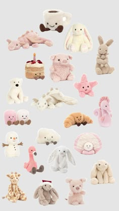 many different stuffed animals are arranged together