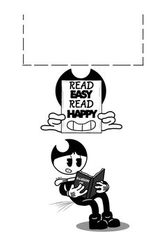 a black and white cartoon character reading a book with the words read easy, read happy