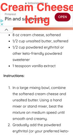 the recipe for cream cheese is shown in red and white