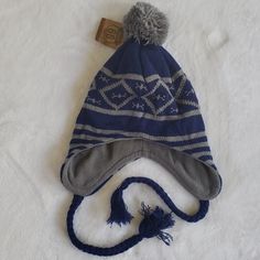 Brand New Blue And Gray Knit Winter Hat, Lined W/ Fleece. Cozy Blue Hats For Outdoors, Warm Blue Hats For Winter, Blue Knit Beanie For Winter, Navy Adjustable Hat For Winter, Blue Winter Hats For Cold Weather, Blue Knit Beanie For Cold Weather, Blue Winter Beanie For Outdoor Use, Warm Blue Beanie For Winter, Cozy Blue Outdoor Hats