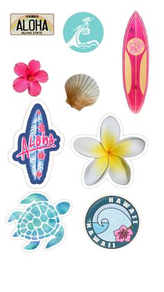 various stickers with different types of surfboards and flowers on the bottom, including an aloha logo