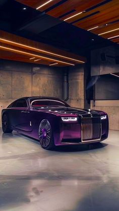 a purple rolls royce parked in a parking garage