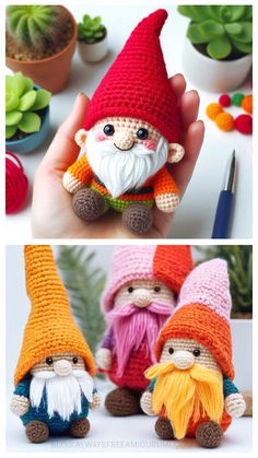 crocheted gnomes are shown in different colors and sizes, including one with an orange beard