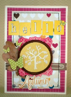 a card with the word hello on it and an image of a tree in the center