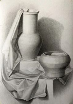 a pencil drawing of a vase and bowl on a tablecloth with a cloth draped over it