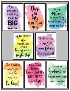 six watercolor posters with different sayings on them