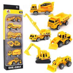 the construction vehicles are yellow and have black wheels