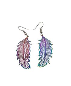 pair of earrings with multicolored feathers on them, hanging from silver ear wires