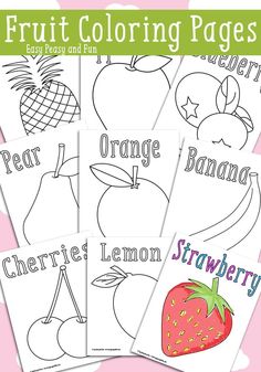 four fruit coloring pages with the words orange, banana, strawberry and pear on them