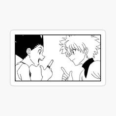 two anime characters talking to each other in black and white sticker on a wall