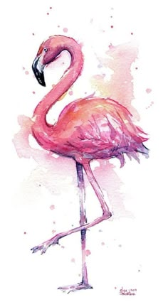 a watercolor painting of a pink flamingo standing on one leg with its head turned to the side