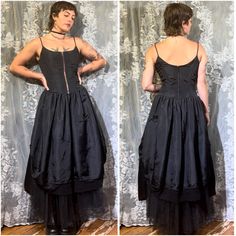 Vintage 1990s Gunne Sax black corset maxi dress upcycled by "MeJane" artwear!🕷️ This dress is a gothic dream!  ~Featuring a flattering bustier style bodice with a rhinestone peekaboo center & upcycled tule, lace, and ribbon by "MeJane" artwear~ Measurements: Bust: 36" Waist: 32" Hips: free *The condition of item is consistent with age Black Gunne Sax Dress, Upcycling Dress, Corset Over Dress, Grunge Wedding, Upcycle Dress, Dress Upcycle, Fairy Folk, Gunne Sax Dress, Black Corset Top