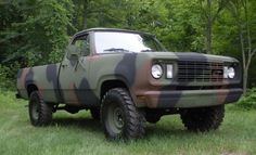 a camo truck is parked in the grass