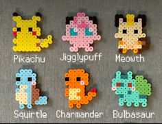 four different types of perler beads are shown in this image with the words pikachu, jagglypuff, mewth and squift