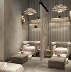 the interior of a hair salon with chairs and stools