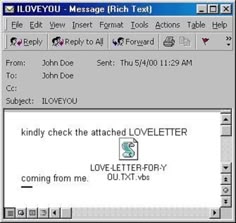 the love letter window in windows xp with text and an email message added to it