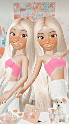 two barbie dolls standing next to each other in front of a table with food on it