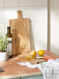 a cutting board with lemons on it next to a potted plant and knife