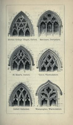 an old book with different types of windows and arches on it's pages, all in black ink