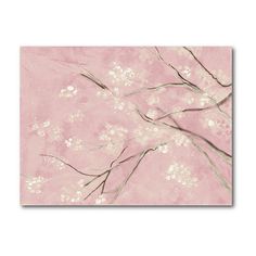 a pink painting with white flowers and branches on the bottom, in front of a light pink background