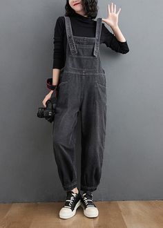 Simple Denim Black Casual Pants Unique Spring Jumpsuit Pants - SooLinen Black Overalls Outfit, Spring Jumpsuit, Unique Jumpsuits, Spring Jumpsuits, Pants Unique, Jumpsuit Pants, Overalls Outfit, Black Casual Pants, Black Overalls