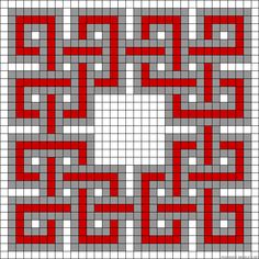 a cross stitch pattern with red and grey squares