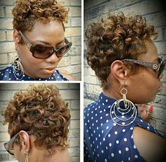 African American short curly golden brown hairstyle Thick Hair Black Women, African American Short Haircuts, Black Pixie Haircut, Natural Hair Pixie Cut, Black Pixie Cut, Cute Pixie Haircuts, Black Pixie, Short Curly Pixie, Curly Pixie Haircuts