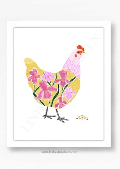 a pink and yellow chicken with flowers on it's head, standing in front of a