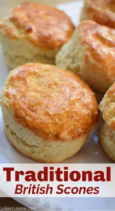 some biscuits on a white plate with the words light and fluffy scones above it