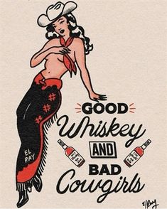 a woman with a hat on top of her head and the words good whiskey and bad co